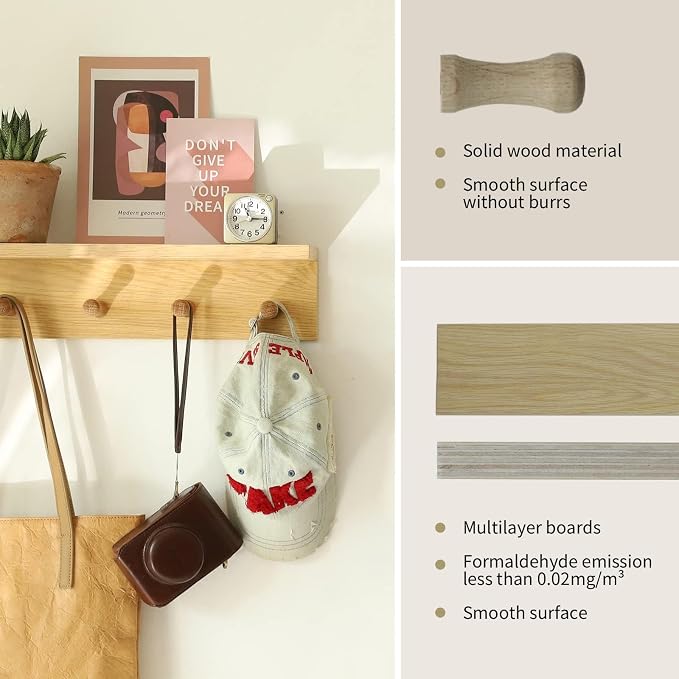 Small Entryway Shelf with Hooks, Wall Mounted Coat Rack with Shelf for Small Spaces, Wooden Floating Wall Organizer for Entryway, Mudroom, Nursery, Bathroom & Kitchen (Oak Finish)