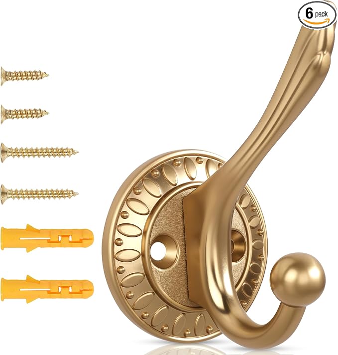 Champagne Bronze Heavy Duty Wall Hooks – 6 Pack Black Coat Hooks for Hanging Coats,Robes,Bags,Hats,Wall Mounted with Includes Two Types of Installation Screws YDCB