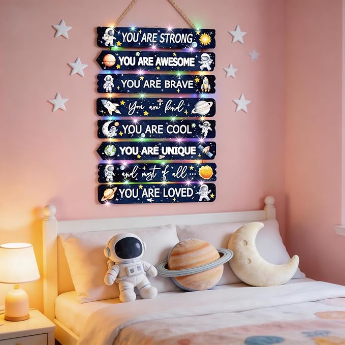 Space Wall Decor with LED Light Bedroom Boy Living Room Decor Inspirational Wall Art for Kids Room Decor Wood Wall Decorations Little Baby Nursery Room Decor Toddler Room Sign