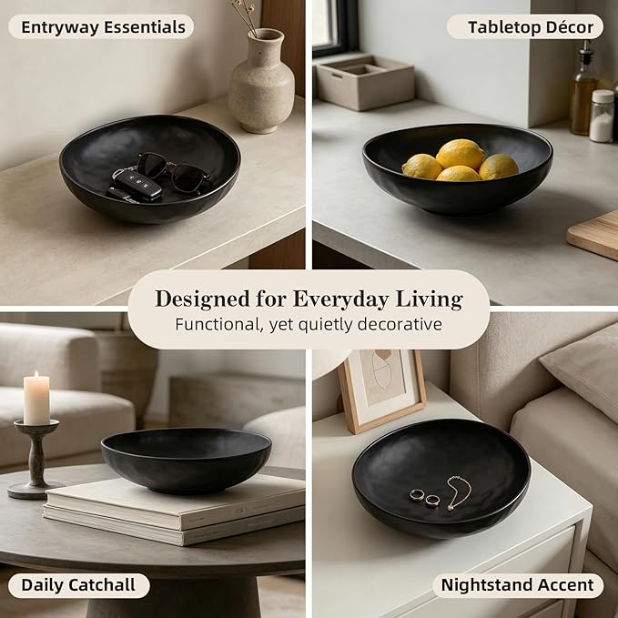 salomayes Wabi-Sabi Decorative Bowl, Matte Black Ceramic | Subtle Hammered Texture, Natural Speckled Finish, Handmade, Catchall for Entryway Table