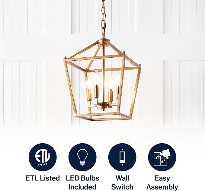 JONATHAN Y 12" Antique Gold Lantern Pendant Light, 4-Light Pagoda Style Metal Cage Farmhouse Hanging Ceiling Fixture for Kitchen Island, LED Bulb Included (JYL7436B)