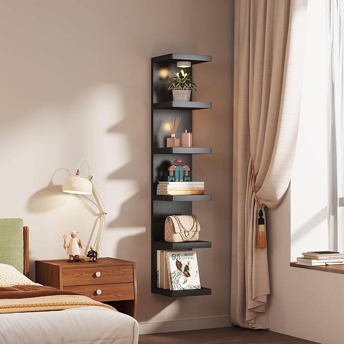 6-Tier Wall Shelf Unit with USB Rechargeable Led Light (Remote Controlled),Versatile Floating Display Shelves,Lack Style Wall Shelves for Bedroom,Living Room,Office Decor,Vanity-Black