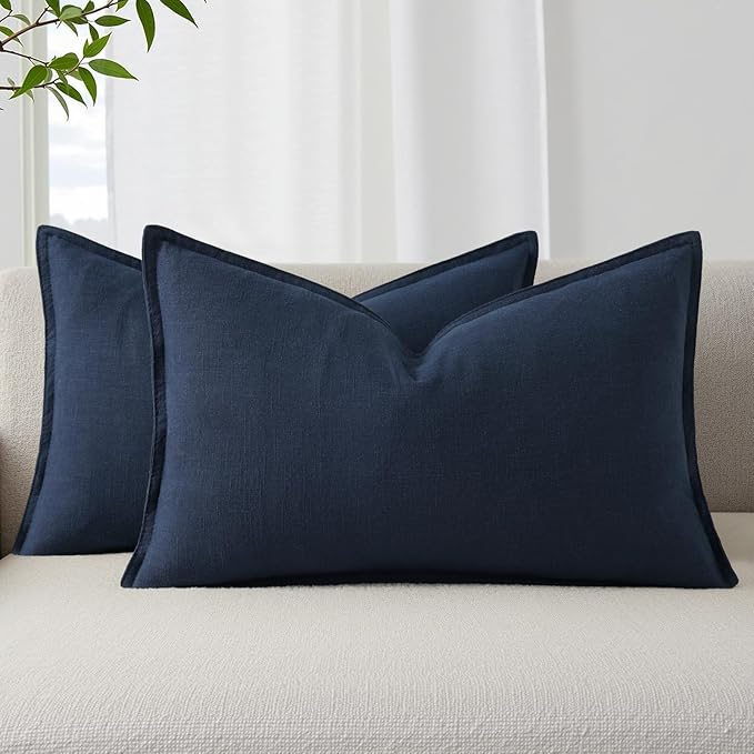 decorUhome Summer Decorative Linen Throw Pillow Covers 12x20 Inch Set of 2 Navy Blue Lumbar Pillow Covers with Flange Edges Soft Farmhouse Boho Accent Pillow Cases for Couch Bed Living Room