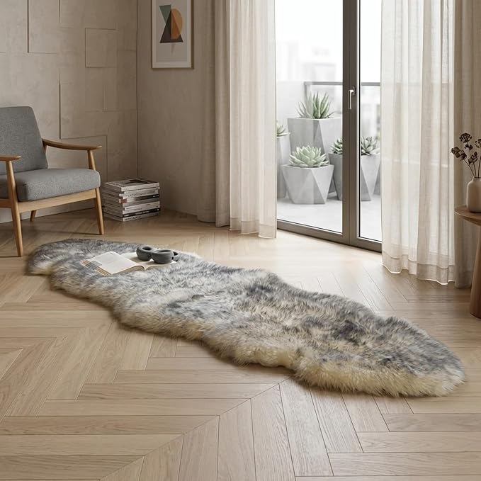 Genuine Sheepskin Rug New Zealand Fluffy Lambskin Rug, Natural Luxury Sheepskin Throw for Bedroom Living Room Children's Room - Premium Area Rug Chair Cover (2×6 Feet, Grey Tip)