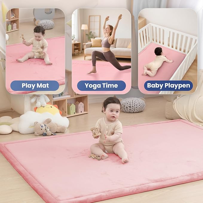 Huloo Sleep Ultra Soft Baby Play Mat for Floor, 1.3" Thick Elasti-Foam 59x59 Play Mat for Playpen,Water-Repellent Coral Velvet for Tummy Time, Non-Slip Backing,Safe for Toddlers & Infants（Pink）