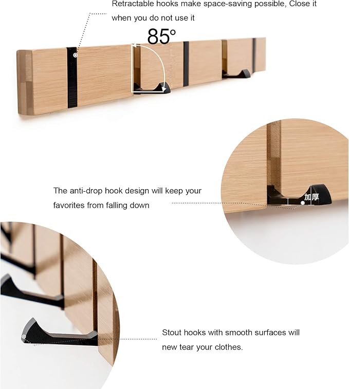 KYSMOTIC 2 Pack Wooden Wall Mounted Folding Rack, Modern Wall Floating Coat Hook Rack Space– Natural 6 Hooks