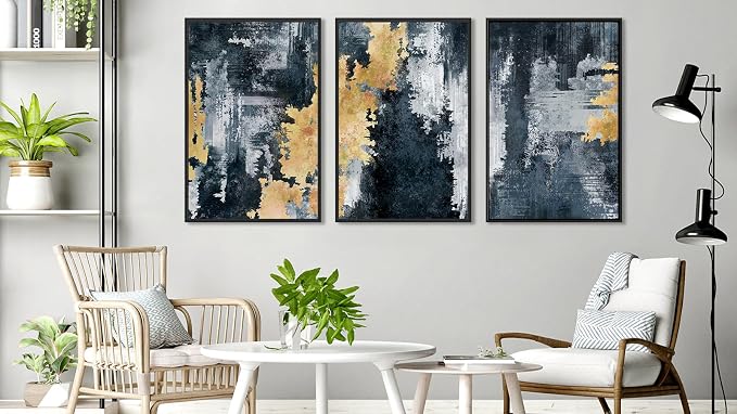 Large Framed Abstract Wall Art - Natural Frame Retro Canvas Pictures for Living Room Modern Canvas Prints Navy Blue for Bedroom, Black Float Frame Art for Home Office Kitchen Decor 24" X 36" X 3pcs