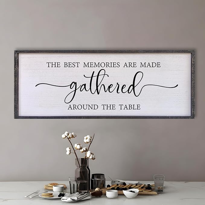 The Best Memories Are Made Gathered Around The Table Wall Decor 40"x15" Large Rustic Farmhouse Dining Room Wood Framed Modren Signs Kitchen Home Simple Hanging Wall Art (Black)