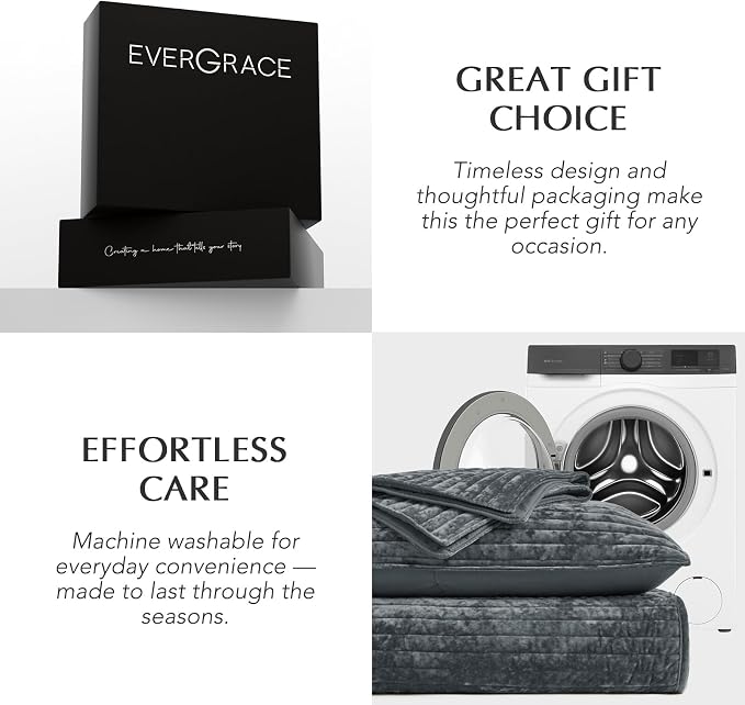 EverGrace Velvet Quilt Set King Size, Luxurious Soft Striped Channel Bedding Set, Lightweight Velvet Comforter for All Season, Oversized Bedspread Coverlet with 2 Matching Shams, Charcoal Gray