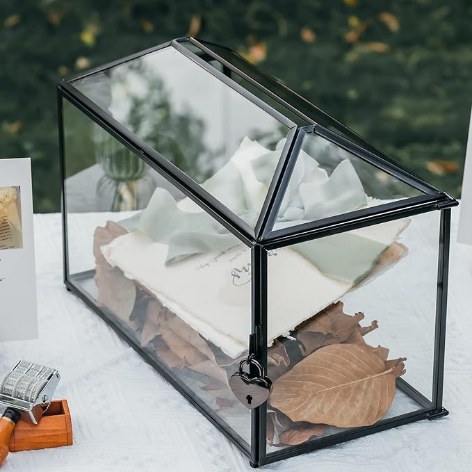 NCYP 12.6" x 5.9" x 9" Wedding Glass Card Box with Slot and Lock for Wishing Well, Keepsake, Envelope - Birthday Party Reception Decor, Black (Glass Box Only) Slot Length 7.3 Inches