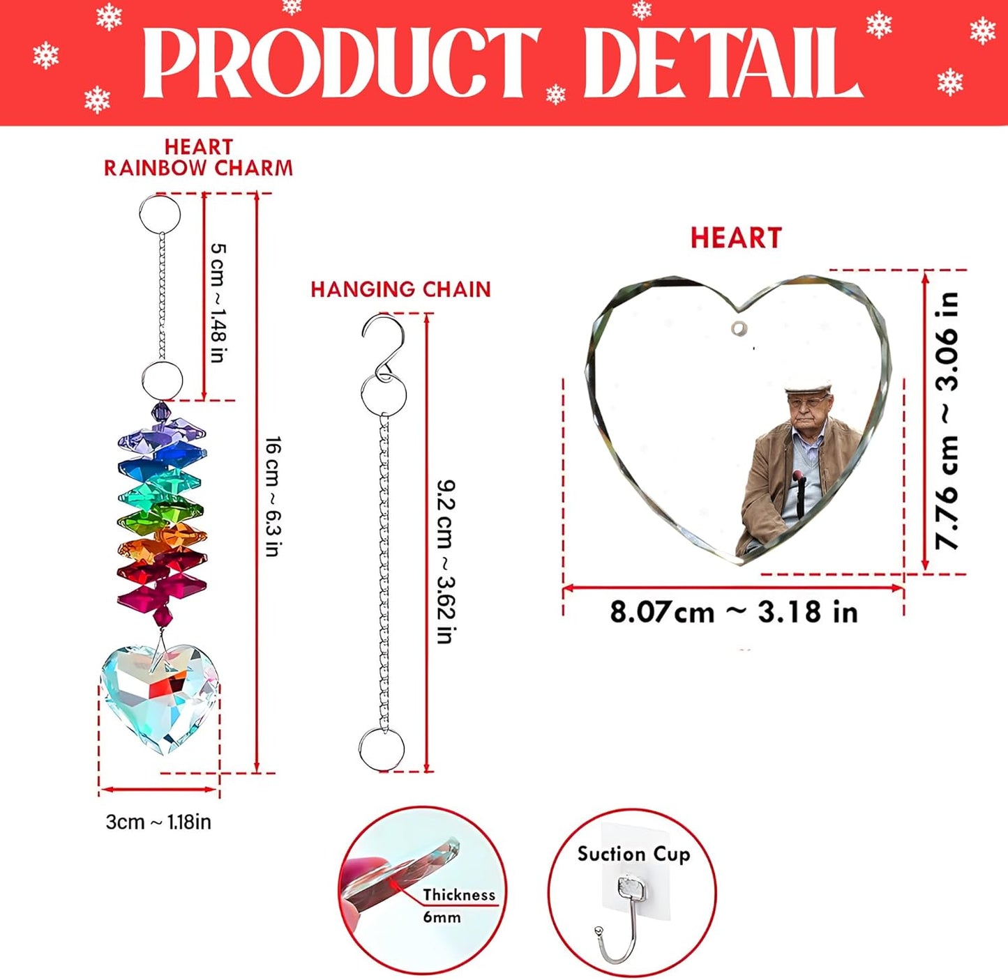 Personalized Heart-Shaped Memorial Ornament with Photo – Custom in Loving Memory Christmas Ornament for Dad – Rainbow Crystal Suncatcher with Loss of Father Quote – Remembrance Tree Decor