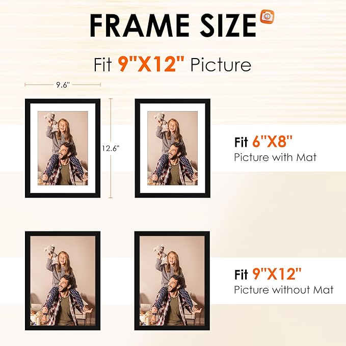 FIXSMITH 9x12 Picture Frame Set of 2, Photo Frame with HD Plexiglass, Display Pictures 6x8 with Mat or 9x12 Without Mat, Black Picture Frames Collage Wall Decor, Gallary Wall Frame