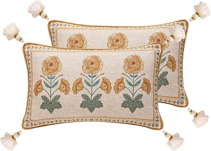 patdrea French Vintage Linen Pillow Cover,12"x20",Set of 2-RosaSilvestre D | Decorative Pillow Case,Yellow Floral Pattern,Cushion Coverfor Couch Living Room Bedroom Sofa,Tassel Pendant