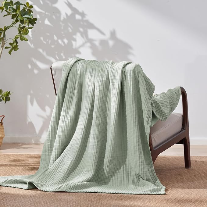 David's Home 100% Natural Cotton Muslin Blanket Queen Size, 4-Layer Soft Breathable Lightweight Cozy Throw Guaze for Hot Sleepers, 3D Bubble Room Decor for Bed Couch, Giftable, Sage Creen, 90"x90"