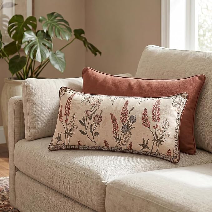 ISAENNE Designer Vintage Linen Throw Pillow Cover,28"x12"-Helena A | Elegant French Rectangle Pillow Cover,Concealed Zipper Design,Floral Pattern,Sofas,Bedroom,Living Room,Lounge Chairs