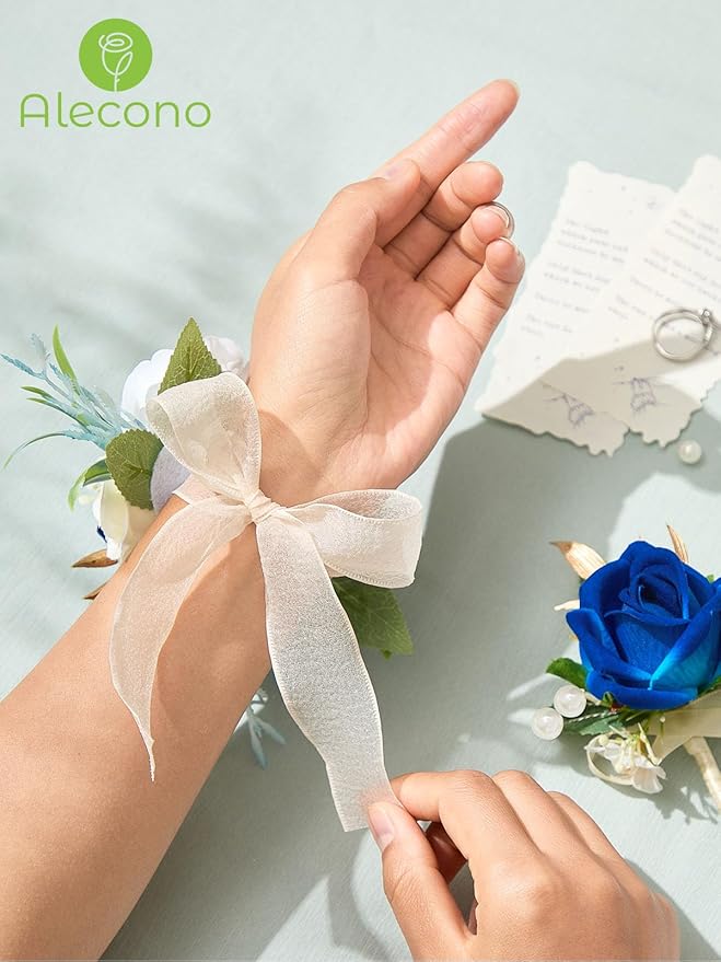 Alecono Navy Blue Corsage and Boutonniere Set, Rose Corsage Wristlet with Adjustable Ribbon and Boutonniere Supplies for Wedding Graduation Prom Flower Accessories Suit Decorations