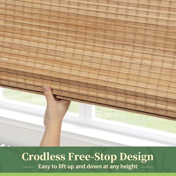 AGESISI Bamboo Roman Shades with Valance Cover, Cordless Blinds for Indoor Windows, Blackout Woven Wood Shades for Home & Patio, Privacy Protection, 23" W x 64" H, Carbonized