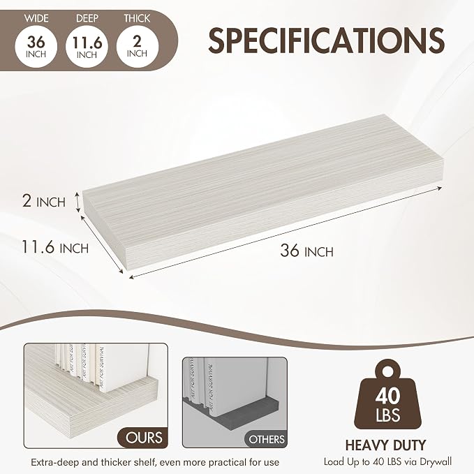 Acovy 36 Inch Floating Shelves, 12" Deep Floating Shelf Wall Mounted, 36" Wall Shelves, Rustic Deep Bookshelf, Extra Deeper & Thicker Display Shelves for Bedroom, Living Room, Gray, Set of 2