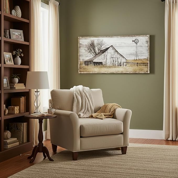 Barn Framed Wall Art Farmhouse: Rustic Farm Wood Picture Decor Large Windmill Country Scene Painting Horizontal Nature Landscape Artwork Panoramic Countryside View Print for Home Living Room Bedroom