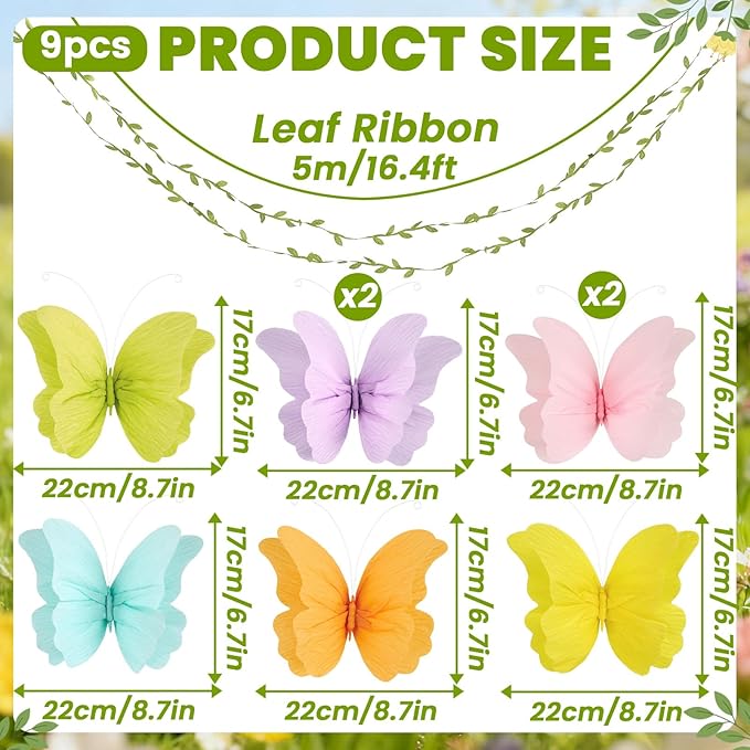 3D Hanging Butterfly Decorations, Colorful Butterfly Birthday Party Decorations, 8 Pcs Paper Butterfly Hanging Decorations with Green Leaf Strings for Girls, Women, Flower Garden Party Decor