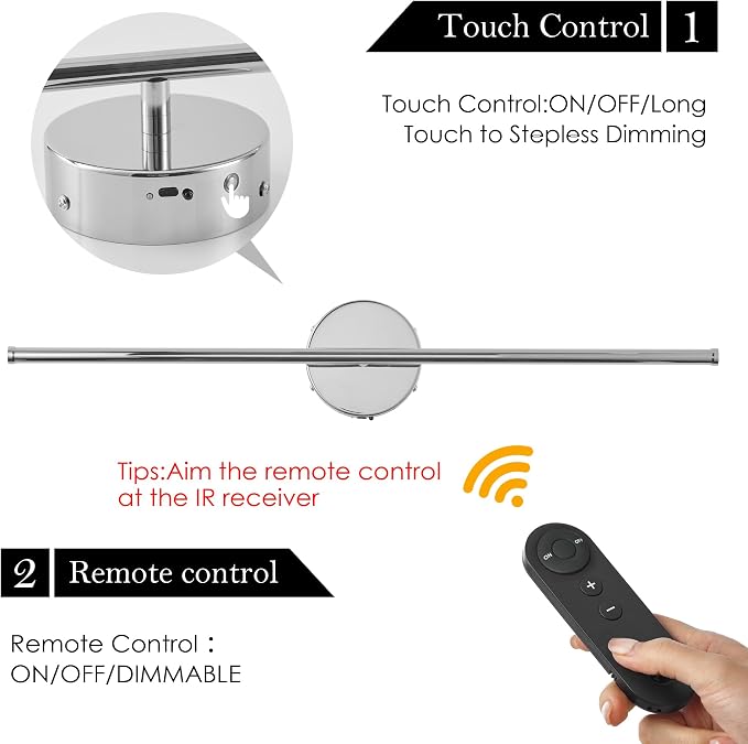 KARTOOSH Battery Operated Wall Sconces with Remote Control, Dimmable Wall Sconces Set of Two, 350°Rotate, 3000K LED Chrome Wireless Wall Light for Living Room, Bedroom,Hallway, 24.4 Inch (2 Pack)