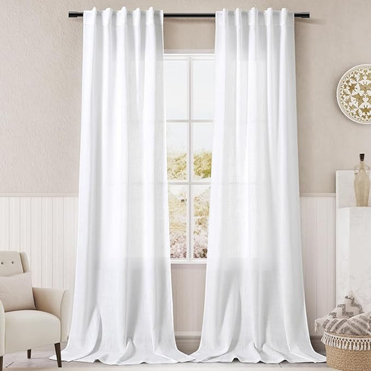 Linen White Curtains 120 inch Extra Long for Living Room Back Tab Light Filtering Semi Sheer Drapes Modern Farmhouse Coastal Off White Cotton Textured Curtain for Floor to Ceiling Window 10 FT