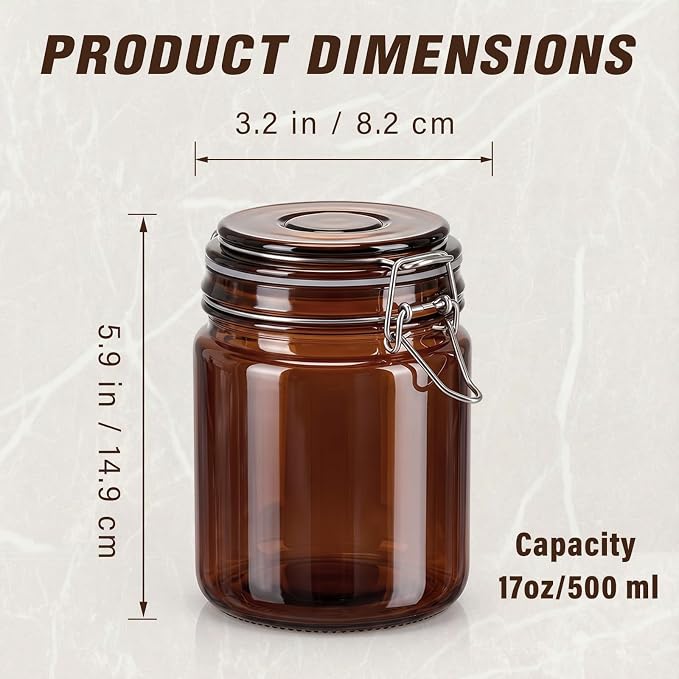 Norme 6 Pack 16oz Amber Airtight Glass Jars with Lids, Cylinder Food Storage Container Airtight Food Wire Clip Fastening for Sauerkraut Flour Kitchen Sugar Cereal Kitchen Canning Pickling Mason Jars