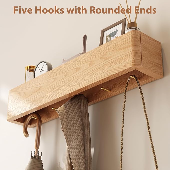 CycleCrew Solid Wood Wall Mounted Coat Rack with Shelf Hooks - Modern Floating Shelves with 5 Hidden Hooks, Heavy Duty Entryway Coat Key Holder Hanger for Hallway Bathroom Bedroom Home Decor
