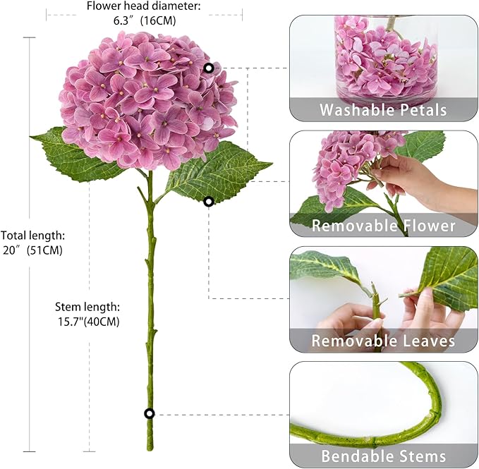 ZYTUYO 4Pcs 20" Real Touch Hydrangea Artificial Flowers Dark Pink Lifelike Fake Latex Hydrangeas for Baby Shower Party Wedding Flower Arrangement Indoor Home Office Xmas Table Decoration