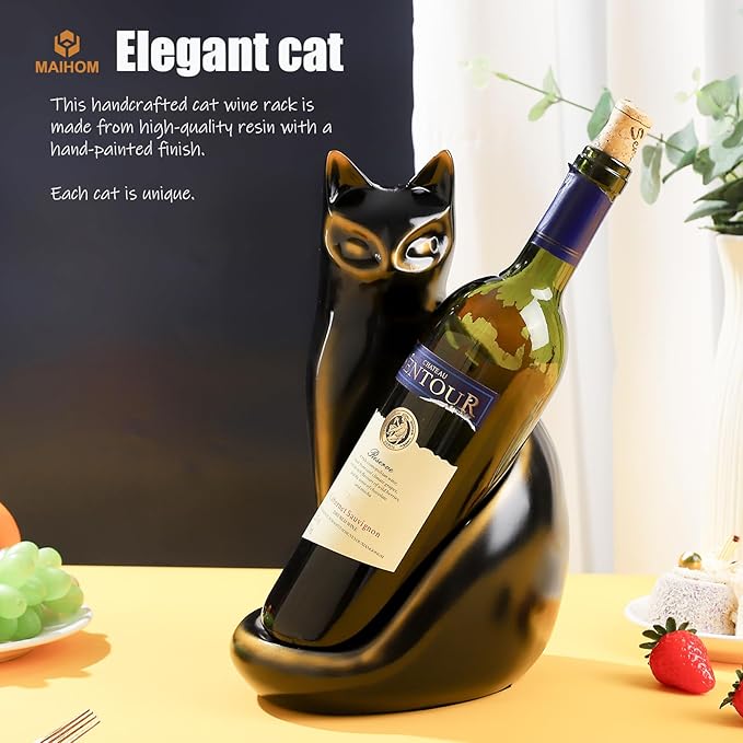 Cat Wine Bottle Holder Decorative, Tabletop Wine Racks Countertop, Cat Decor Wine Stand Gifts for Wine Lovers Women, Water Bottle Organizer for Cabinet, Black Wine Rack