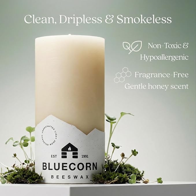 Bluecorn Beeswax Pillar Candle, Ivory White, 3x4, 1 Count | 100% Pure Natural Bees Wax, Clean Burning & Dripless, Long Lasting (60 Hrs), Paraffin, Soy & Fragrance Free, American Made