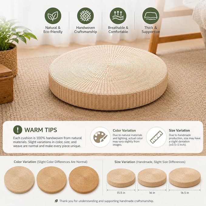 Round Tatami Floor Pillow, Handwoven Natural Straw Seat | Artisan Crafted, EPE Filling, Dia19.7", Comfortable Support, Boho, Lightweight, for Livng Room Meditation Reading Nook Patio