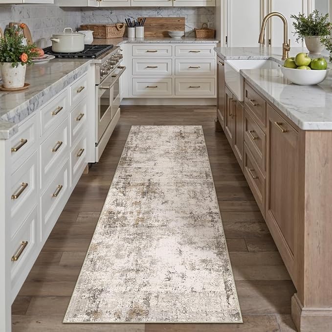 2x8 Washable Runner Rug Brown Grey Abstract Non Slip Soft Low Pile Hallway Kitchen Rug Neutral Modern Carpet for Laundry Bathroom Bedroom Living Room Home Decor