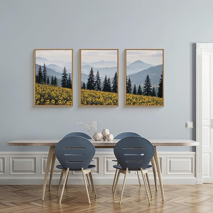 HPNIUB Large Boho Wildness Sunflowers Framed Canvas Wall Art Set, Nature Pine Tree Mountain Wall Decor, Misty Forest Landscape Art Print, Rustic Wildflower Artwork for Living Room, Bedroom,Office -16''x24''x3