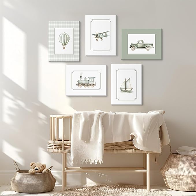 Sage Green Nursery Wall Art Boys Room Canvas Poster Kids Wall Decor Vintage Vehicle Prints Baby Toddler Pictures Transportation Plane Painting Train Truck Artwork for Bedroom 8x10 Inch Ready to Hang