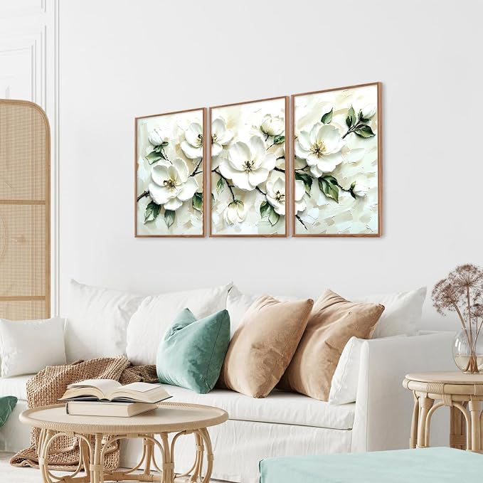 CHDITB 3D Neutral Beige Impasto White Magnolia Floral Textured Framed Canvas Wall Art Set, Minimalist Relief Wall Decor, Modern Texture Art Prints for Living Room Hallway Bedroom Home Decor 24"x36"x3