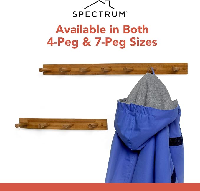 Spectrum Coat Rack Wall Mount 4 Peg Wooden Pegs Organizer for Hanging Coats Hats Bags Towels Jackets Purses, Easy Install Wall Mounted Peg Rack Hanger for Closet Entryway Bedroom Storage, Greige