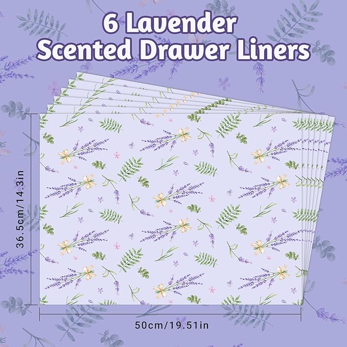 SCENTORINI Lavender Scented Drawer Liners for Dresser, 14.3 x 19.6 Inch 6 Sheets, Non-Adhesive Drawer Shelf Liners for Bedroom Dresser, Kitchen Cabinets, Home Shelf Closet