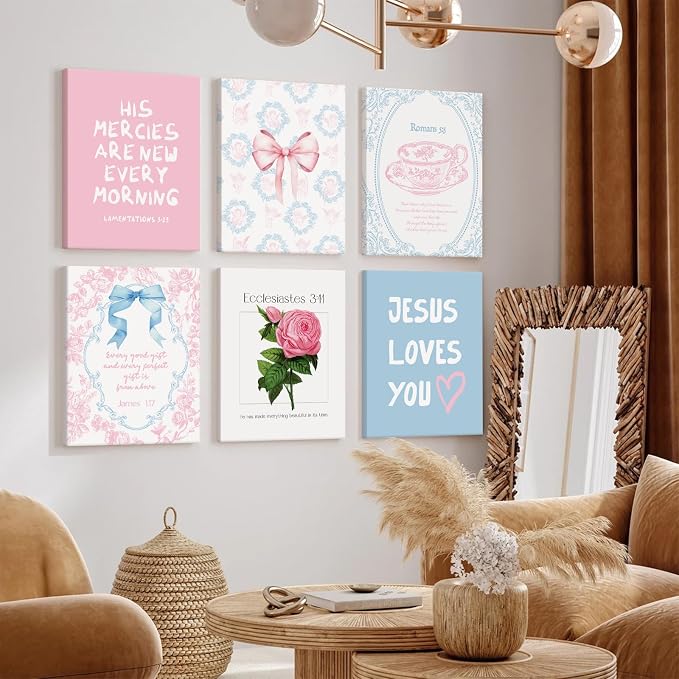 Christian Wall Art Decor Bible Verses Poster Girl Preppy Canvas Room Decor Pink Blue Scripture Wall Art Coquette Floral Bow Aesthetic Prints Trendy Artwork for Girl Bedroom 8x10x6 Inch Wrapped Canvas