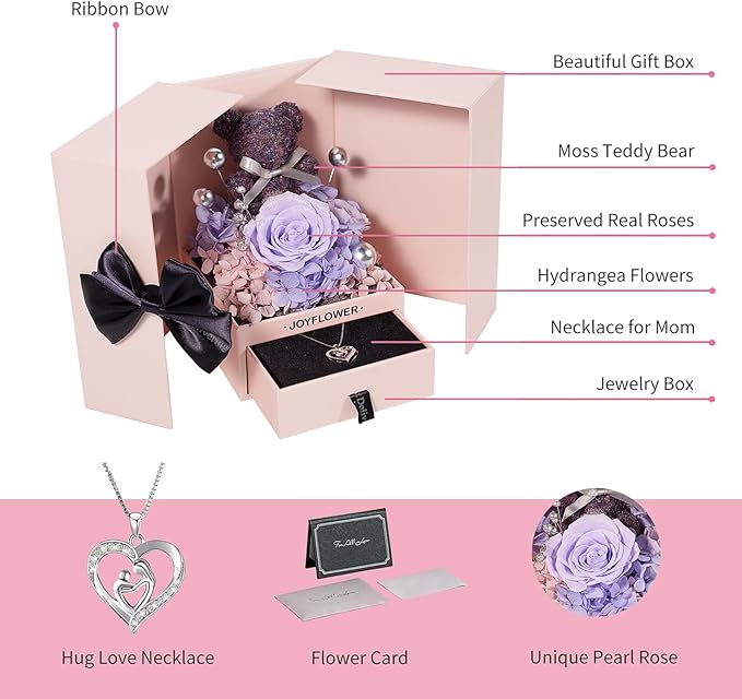 JoyFlower Preserved Flowers with Necklace Gifts for Mom, Unique Pearl Rose Eternal Flower Bear with Necklace Gift for Grandma, Preserved Real Purple Roses Birthday Mother's Day Gift for Mother Grandma