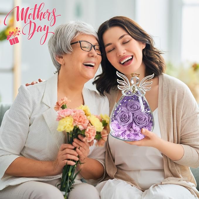 Beferr Mothers Day Mom Birthday Gifts for Women, Fresh Flowers for Delivery Forever Preserved Rose in Glass Angel Figurine, Anniversary Christian Real Rose for Grandma Nana Wife Mum from Daughter Son
