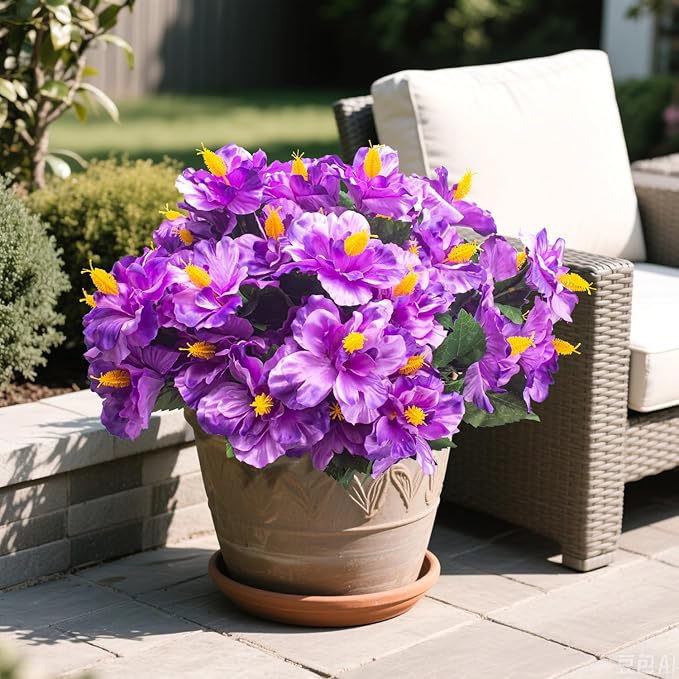 Grunyia Artificial Hibiscus Flowers 5 Bundles, UV Resistant Fake Tropical Flowers Realistic Silk Blooms for Outdoor Planter Garden Patio Porch Window Box Home Decor (Purple)
