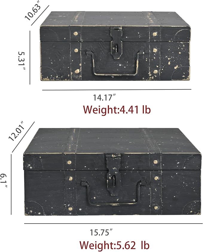 Vintage Metal Storage Trunks - Set of 2, Antique Decorative Storage Chests with Lids, Decorative Suitcase Boxes, Vintage Suitcases for Keepsakes and Home Decor, Black