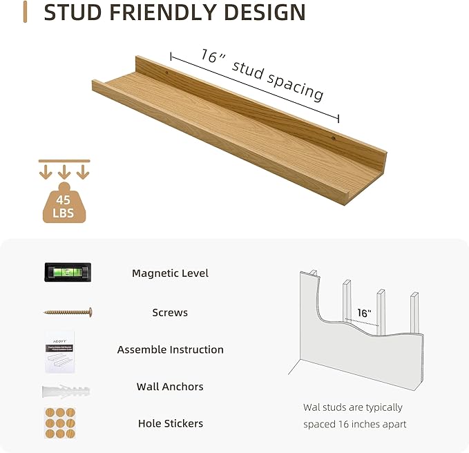 Acovy Picture Ledge Shelf, Wood Floating Shelves Set of 4, 24 inch Picture Ledge Shelves, Photo Ledge Nursery Book Shelves Wall Mounted for Living Room Kids' Room Bedroom, Color Oak