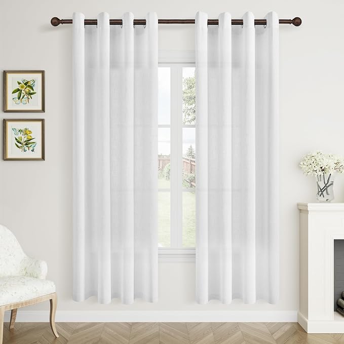 White Linen Curtains 72 Inches Long 2 Panels Set for Living Room Dining Grommet Flax Linen Drapes Light Filter Semi Sheer Boho Farmhouse Neutral Window Curtain 72 Inch Length for Closet Bedroom