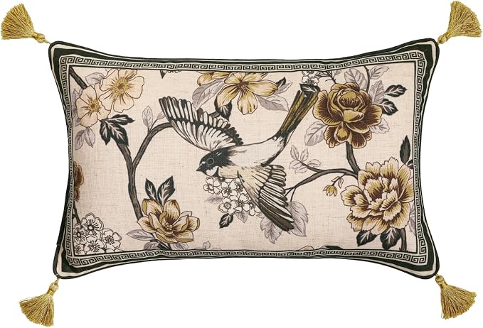 ISAENNE Vintage Elegant Linen Rectangle Throw Pillow Cover,20"x12"-Murad A | Designer French Decor Pillow Cover,Concealed Zipper Design,Floral and Bird Pattern,Sofa,Bedroom,Living Room,Lounge Chairs