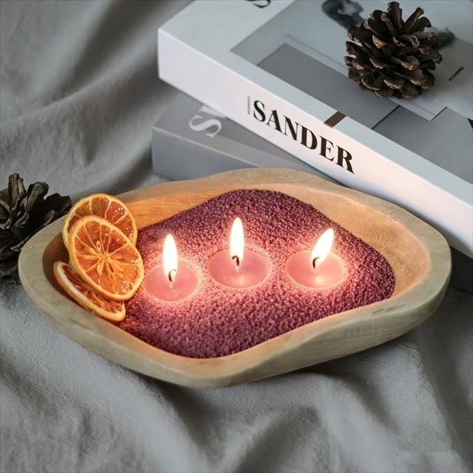 GrusoSP Reusable Wooden Dough Bowl Candle with 18 Oz Pearled Candle Sand and 30 Wicks Unscented Palm Sand Wax Refillable Powder Candles DIY Wax Making Kit (Pink Red)