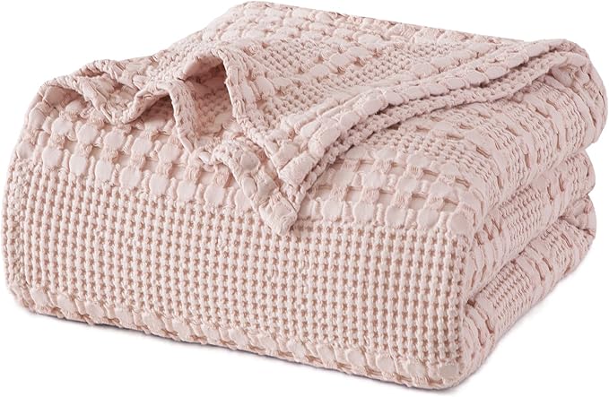 PHF 100% Cotton Waffle Blanket Queen Size for Bed, Lightweight Breathable and Soft for Summer, Luxury Aesthetic Waffle Weave Blanket for Home Decor & Gifts for Women, 90"x90", Pink/Mauve