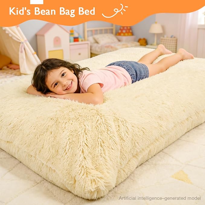 3 in 1 Kids Bean Bag Chair Bed, Kids Fluffy Stuffed Floor Pillow for Gaming and Reading, Ultra Soft Faux Fur Fabric Bean Bag Chairs to Lounger for Playroom, Living Room, Bedroom, Beige