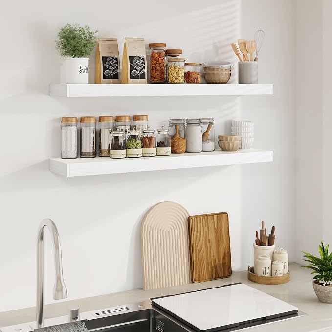 Fun Memories Floating Shelves for Wall, 40Inch Floating Shelves Set of 2, Hanging Shelf with Invisible Brackets, Wood Shelves for Living Room, Bedroom, Kitchen, White